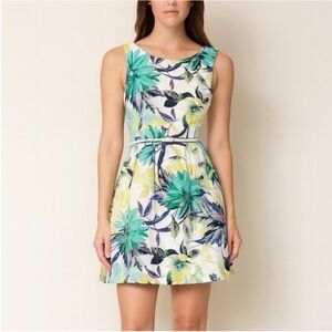 Eliza J Floral Dress Fit Flare Wedding Guest Belted Tropical Blue Green Size 4